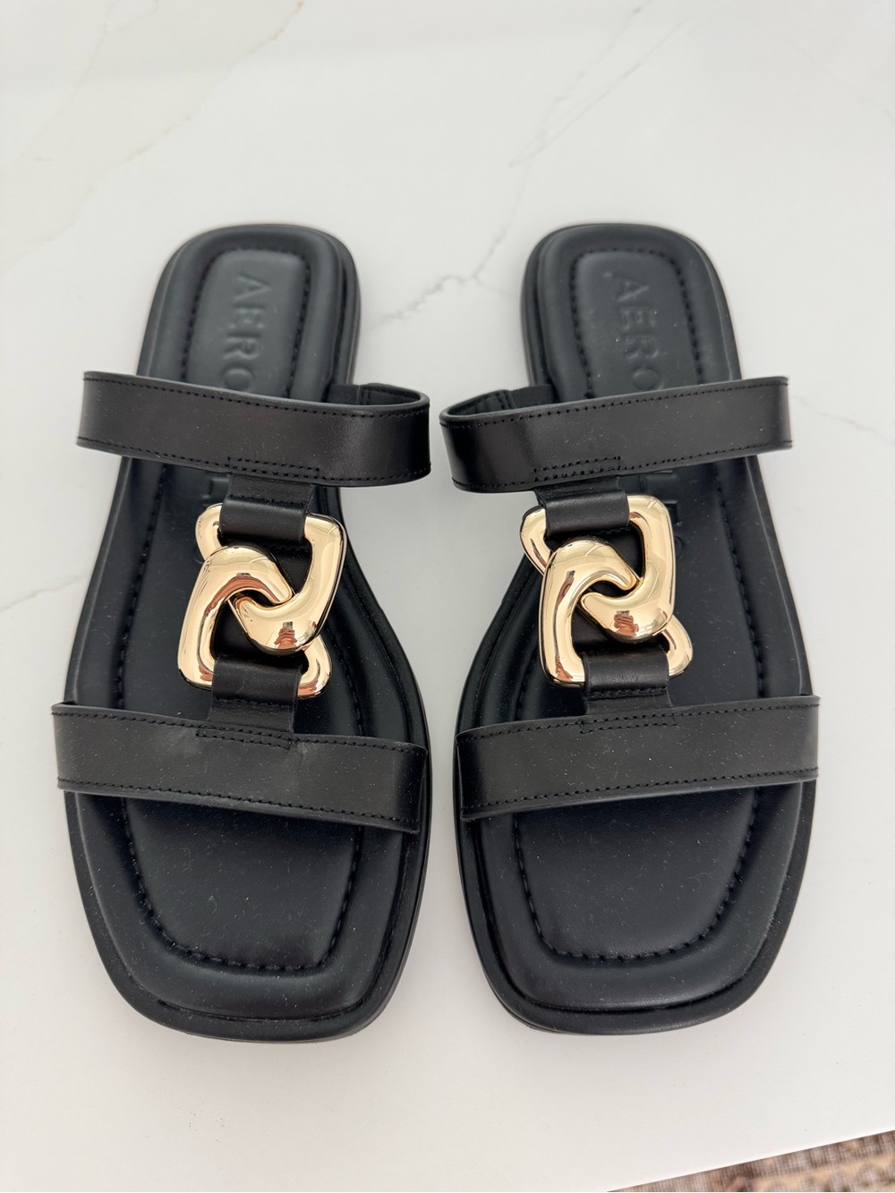 Aerosoles Black Slide Sandals with Gold Link Detail size 7